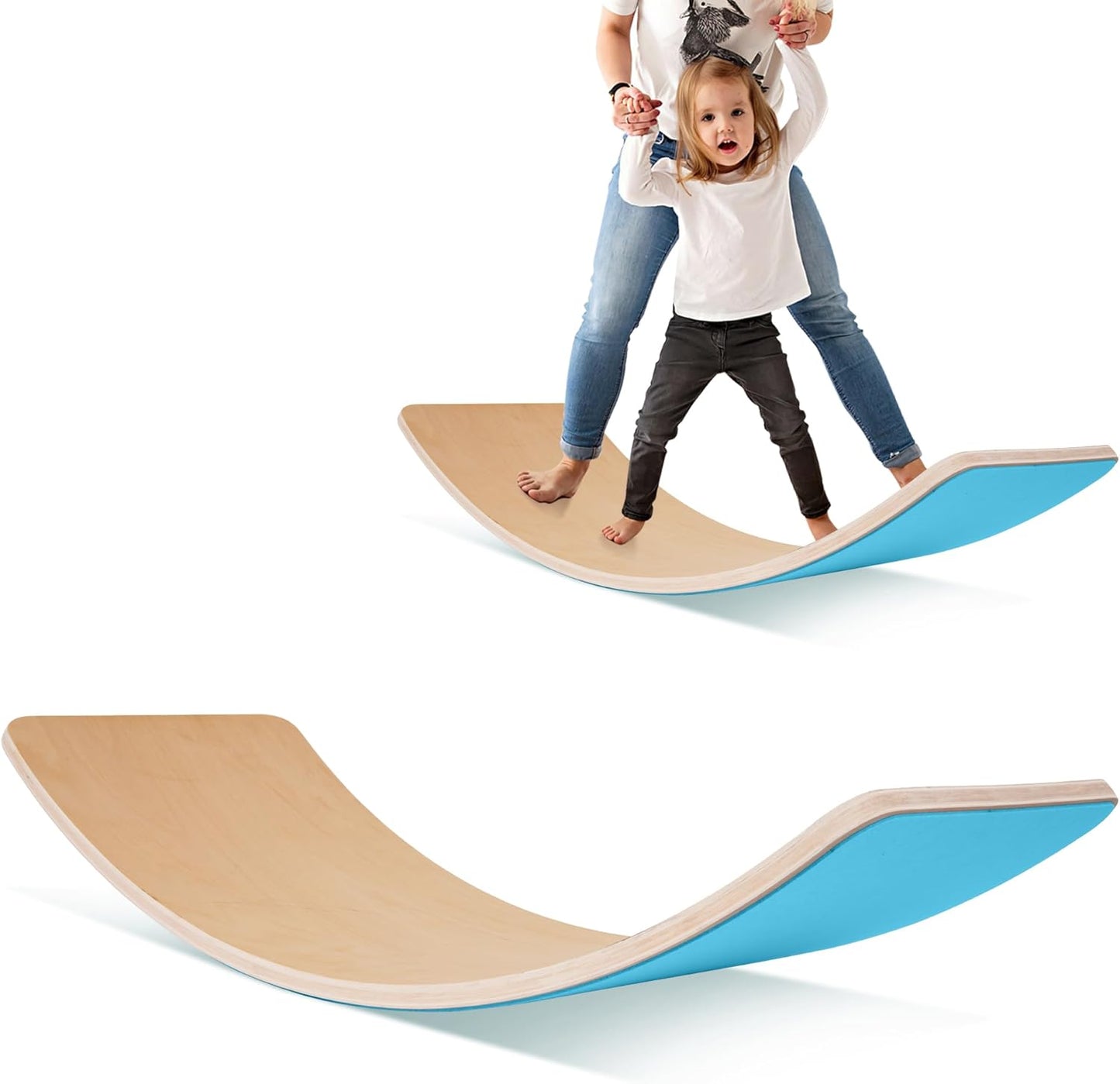 Fitvids Balance Board, 32 Inch Wooden Wobble Board, Montessori Rocker Yoga Curvy Board Natural Wood, Open Ended Learning Toy, Sensory Play Equipment for Office & Classroom, Blue