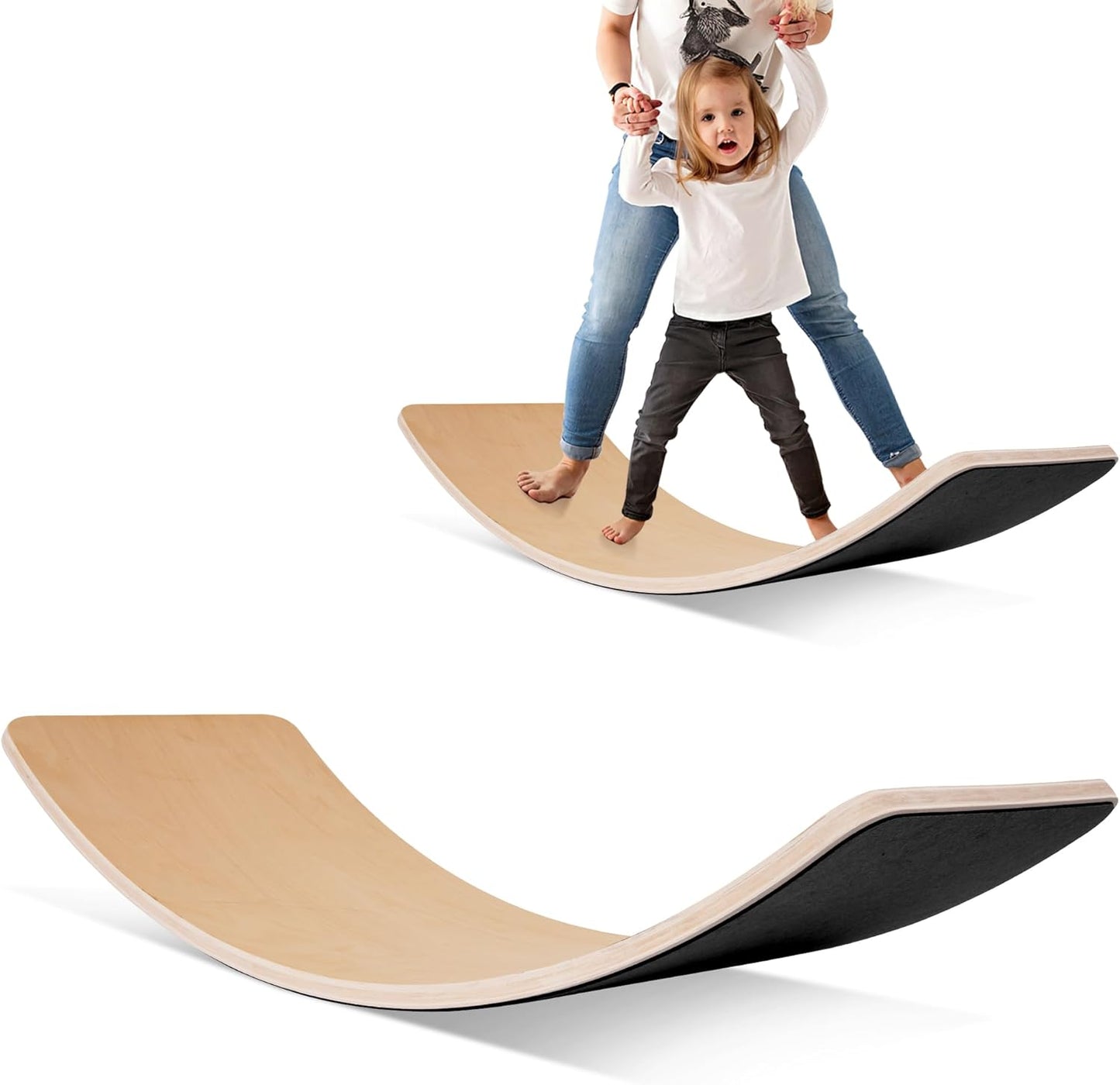 Fitvids Balance Board, 32 Inch Wooden Wobble Board, Montessori Rocker Yoga Curvy Board Natural Wood, Open Ended Learning Toy, Sensory Play Equipment for Office & Classroom, Black