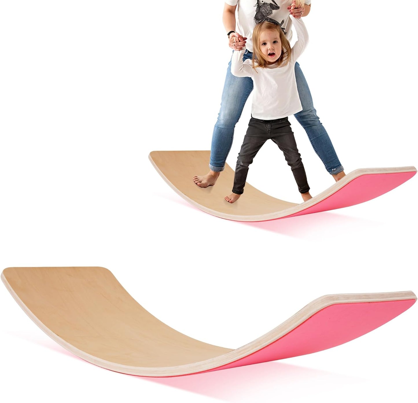 Fitvids Balance Board, 32 Inch Wooden Wobble Board, Montessori Rocker Yoga Curvy Board Natural Wood, Open Ended Learning Toy, Sensory Play Equipment for Office & Classroom, Flamingo