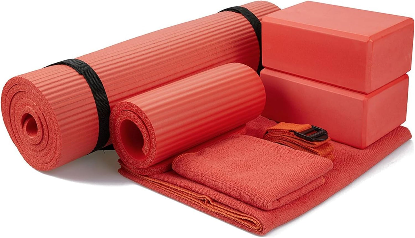 Fitvids 7-Piece Yoga Mat - Include Carrying Strap, 2 Yoga Blocks, Mat Towel, Hand Towel, Yoga Strap and Knee Pad (Red, 1/2"-Thick Mat)