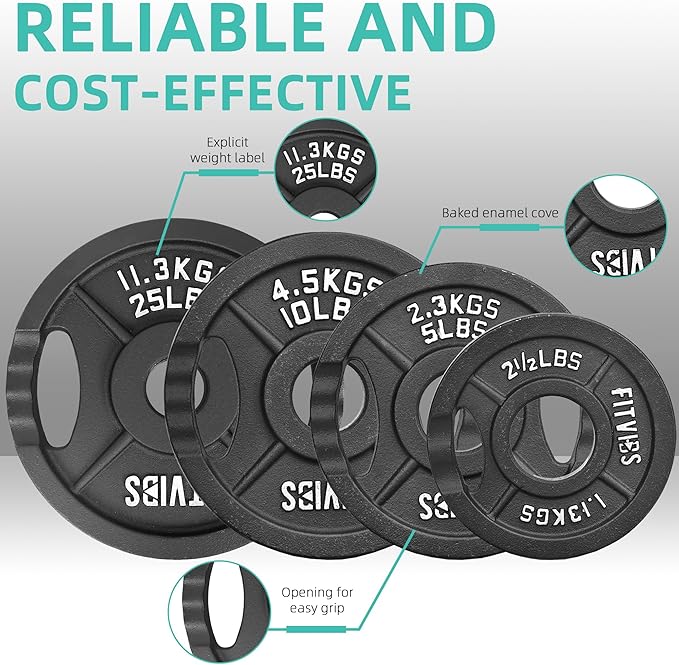 Olympic Cast Iron 2-Inch Weight Plates Including 5FT Olympic Barbell Bar & Safely Locks, 100 Pounds Set (85 Lbs Plates + 15 Lbs Barbell Bar), Multiple Packages