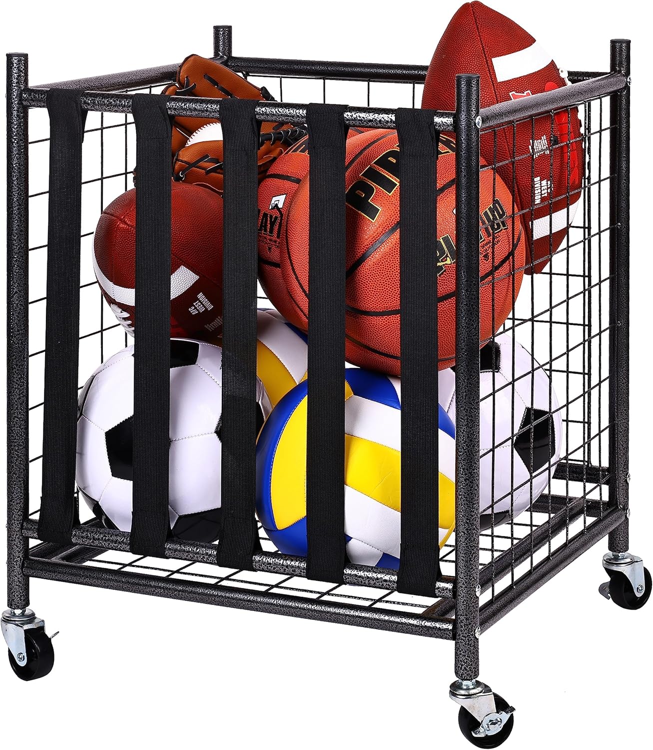 Fitvids Sports Equipment Organizer, Ball Storage Cart with Baskets and Hooks, Rolling Gear Storage for Garage, Black Steel
