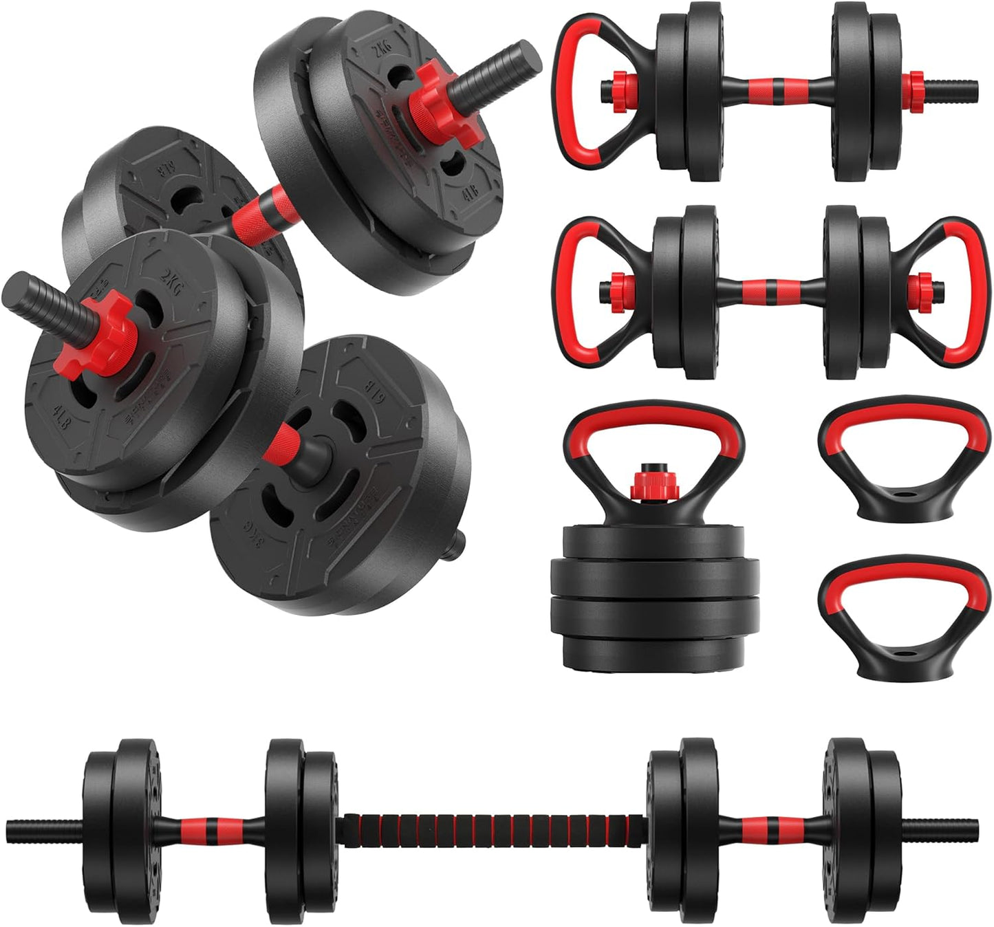 Fitvids Multi-Functional Portable Changeable Dumbbell and Barbell Kettlebell Set with Adjustable Weights, Multiple Styles, 40LBS or 60LBS Sets