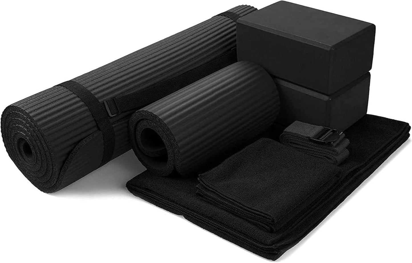 Fitvids 7-Piece Yoga Mat - Include Carrying Strap, 2 Yoga Blocks, Mat Towel, Hand Towel, Yoga Strap and Knee Pad (Black, 1/2"-Thick Mat)