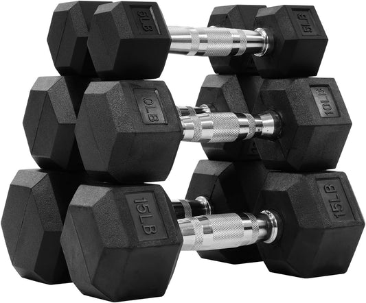 Fitvids Rubber Encased Hex Dumbbell Set Contoured Handle for Muscle Toning, Strength Building & Full Body Workout, 60LB, 100LB and 150LB Set