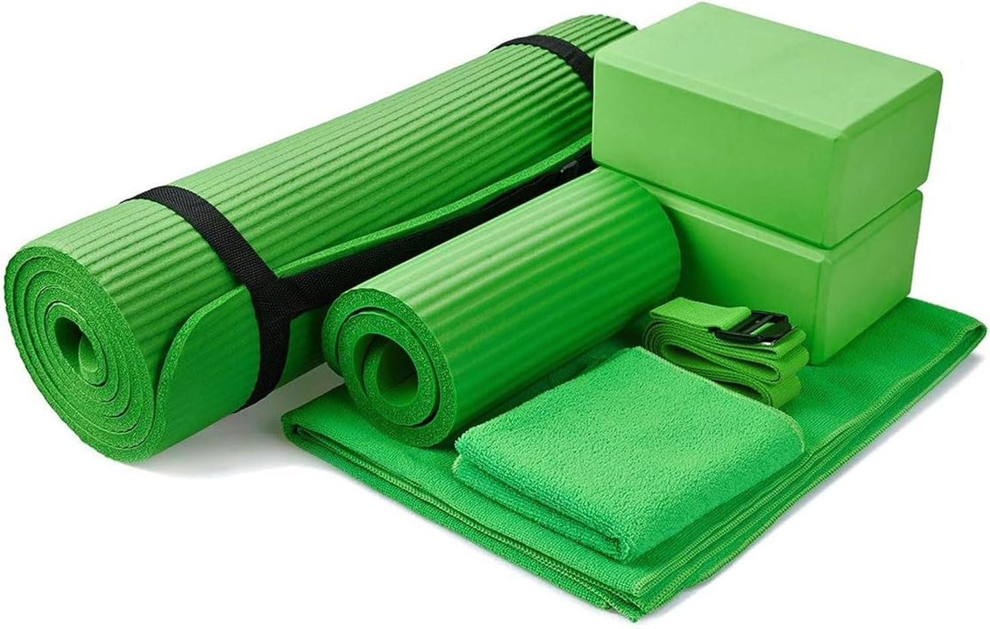 Fitvids 7-Piece Yoga Mat - Include Carrying Strap, 2 Yoga Blocks, Mat Towel, Hand Towel, Yoga Strap and Knee Pad (Green, 1/2"-Thick Mat)