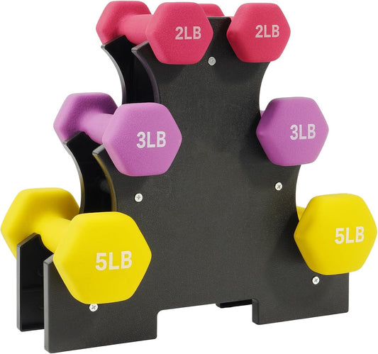 Fitvids Colored Neoprene Dumbbell Set with Rack, Multiple Weight Options, 20LBS, 32LBS, 50LBS, 56LBS Sets