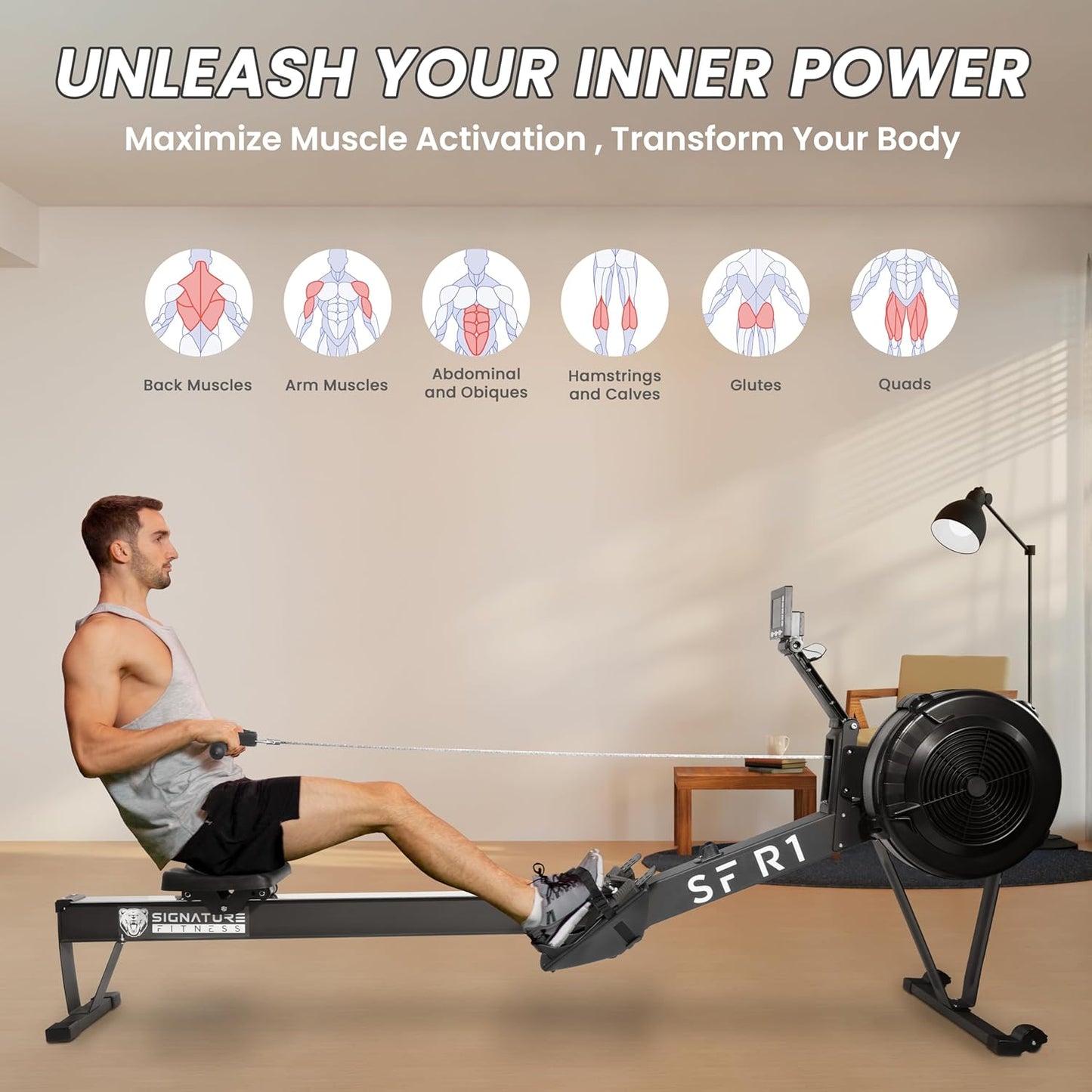 Fitvids Rowing Machine for Home, Professional Indoor Rowers, Wind Resistance Rowers with LCD Display, Adjustable Air Resistance, Comfortable Seat Cushion, Easy Storage