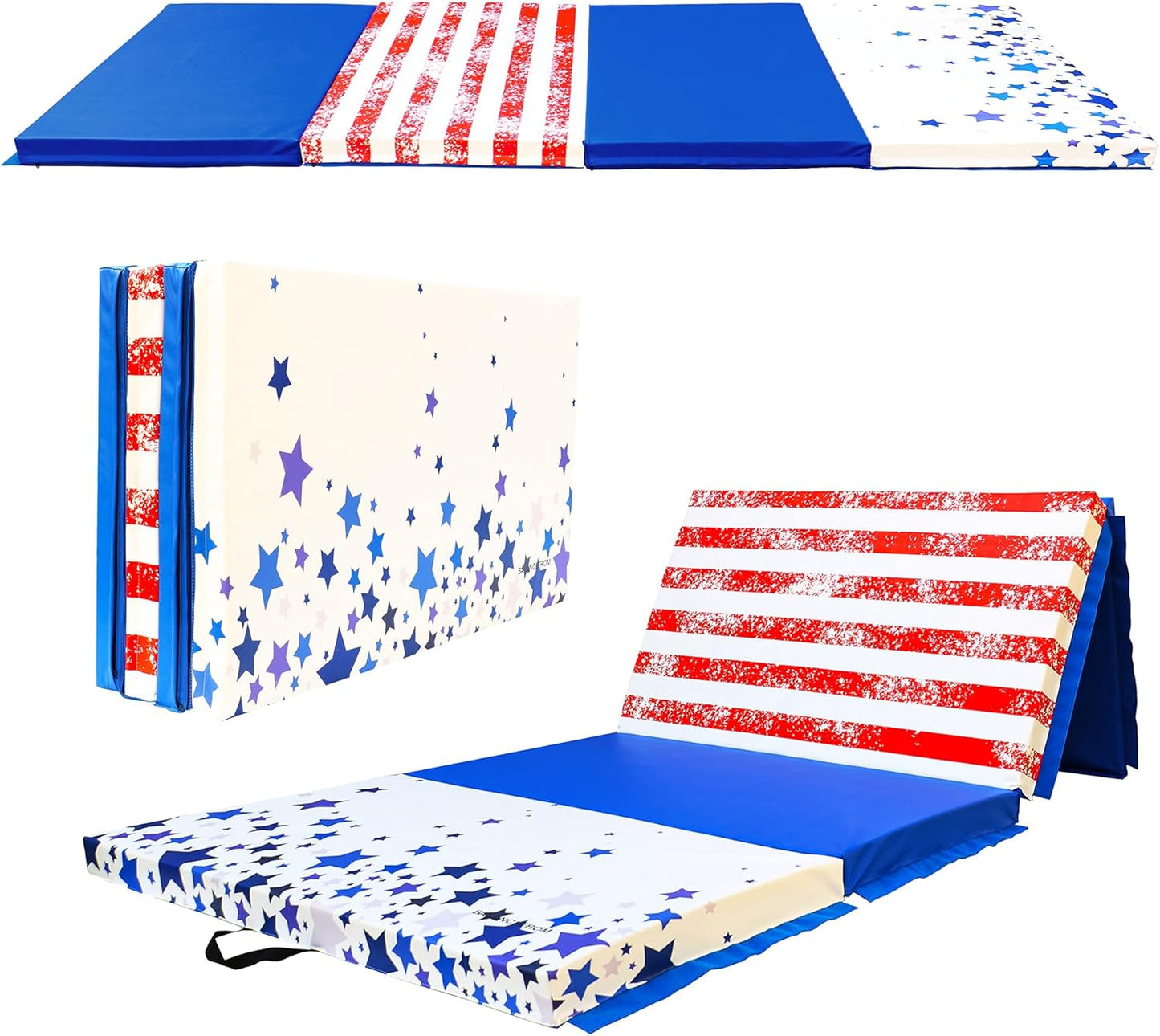 Folding Exercise Aerobics Mat, 4'x10'x3" Extra Thick High Density Anti Tear Gymnastics Gym Folding Exercise Aerobics Mats for MMA, Stretching, Cheerleading Martial Arts, Gymnastic, Star-Stripe